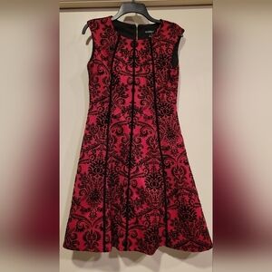 Roz & Ali red and black damask, floral, velvet pattern sleeveless midi dress